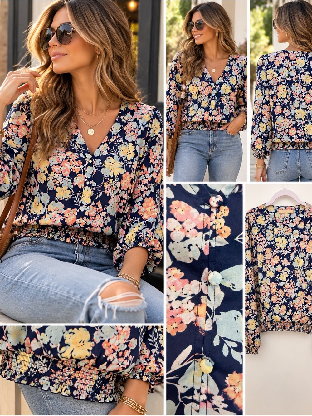 Hope & Harlow Floral Smocked Hem Blouse Size XL Navy Multi
